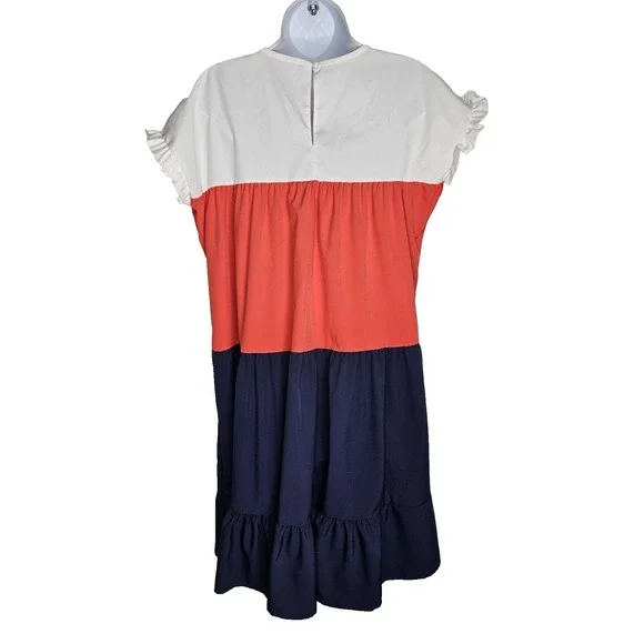 Women's Colorblock Babydoll Dress Red White Navy Tiered Ruffle Hem Boho Summer M - Picture 2 of 6